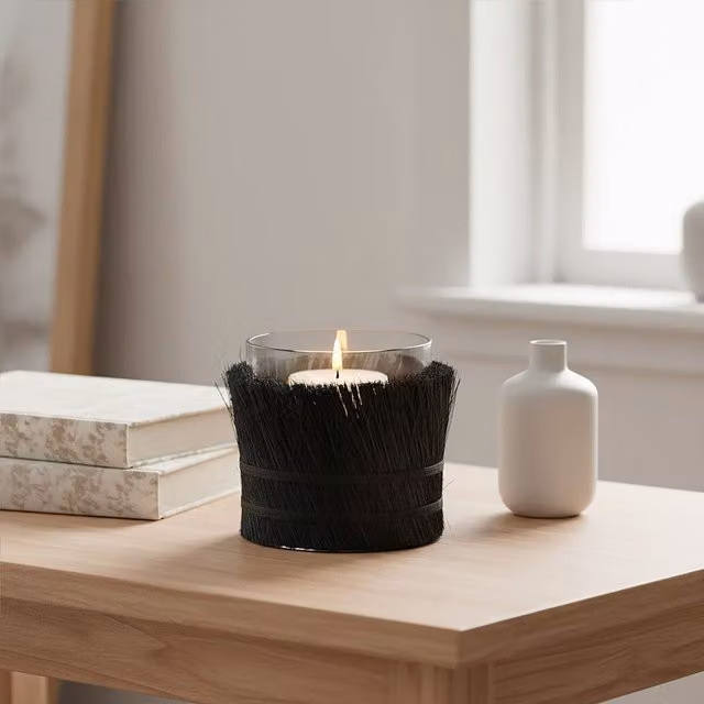 Orsina Modern Round Black Glass and Rattan Tealight Candle Holder – 2
