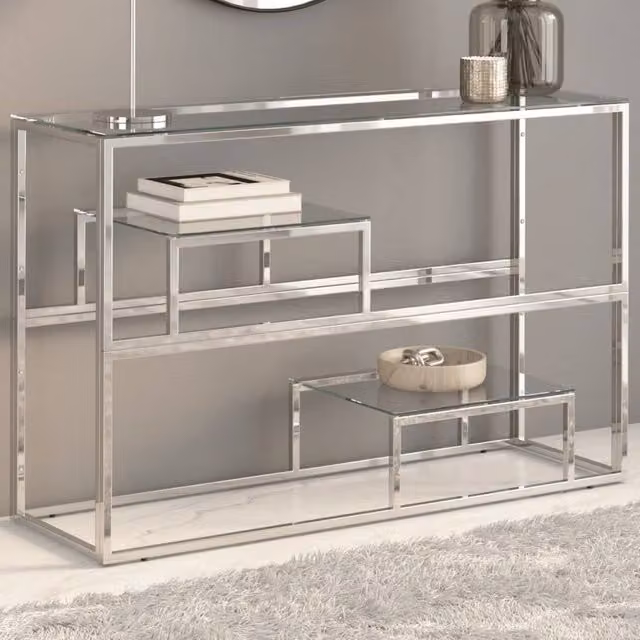 Berkfield Home Modern Rectangular Console Table in Silver Stainless Steel and Tempered Glass – 1