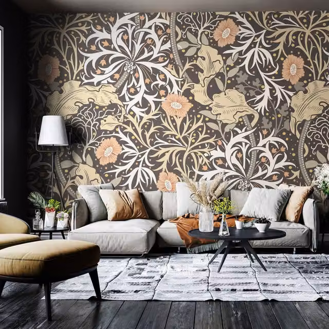 Origin Murals Trailing Seaweed Garden Art Nouveau Wall Mural in Anthracite, Black and Multicolour, Width: 300 cm