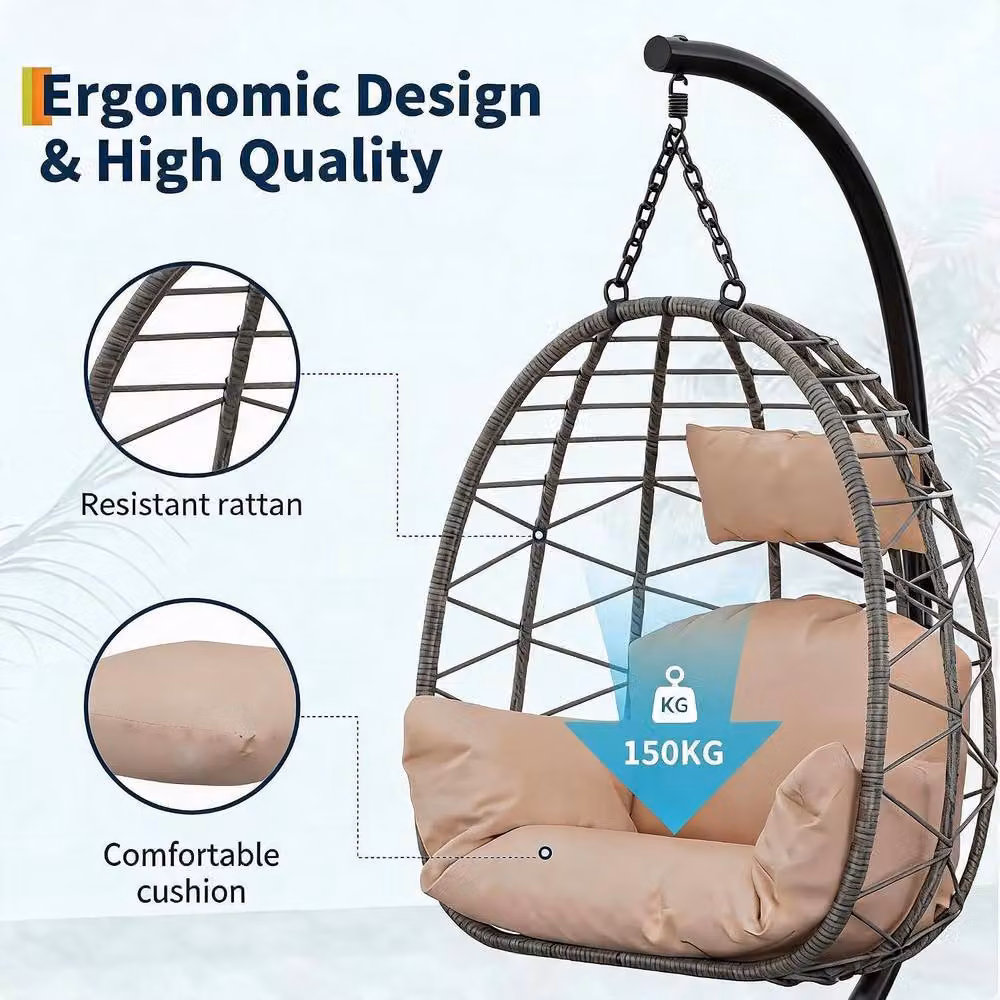 London Boutique Hanging Egg Chair with Stand, Cushions and Rain Cover in Beige – 3