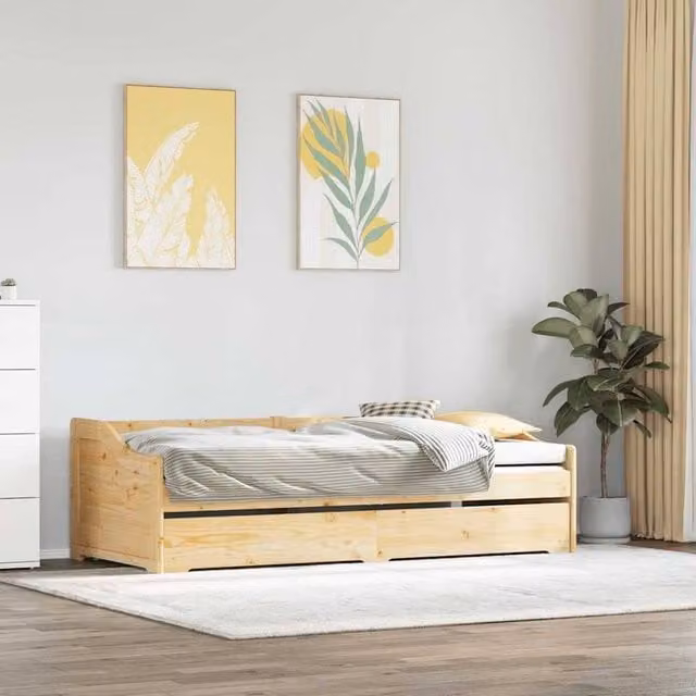 Berkfield Home Scandinavian Style Solid Pine Daybed with Trundle in Natural, W/D/H: 200 x 90 x 66.5 cm