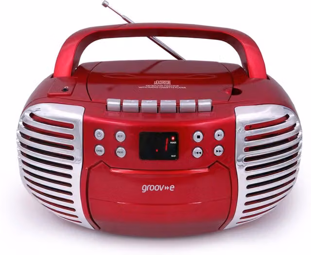 Groov-e Retro Boombox Portable CD Cassette Player with FM Radio - Red