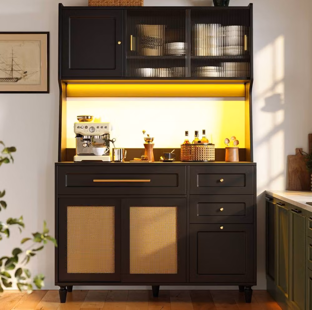 STILVORA Modern Black Kitchen Base Cabinet with Sliding Glass Doors, Internal Drawers and Integrated Lighting – 2