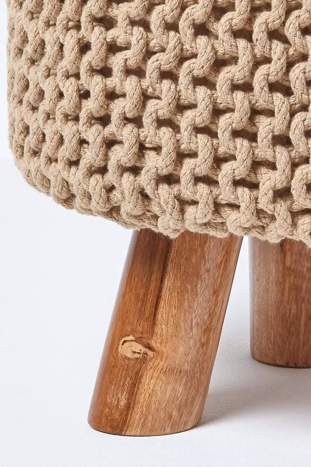 Homescapes Tall Cylindrical Cotton Knitted Footstool with Wood Legs in Beige – 3