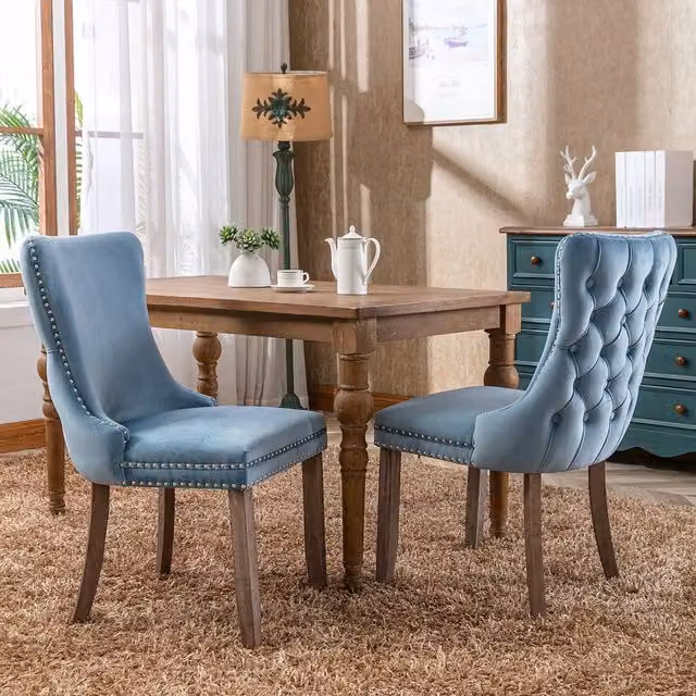 Modern Home Touch Sierra Set of 2 Blue Velvet Wing Back Dining Chairs with Oak Wood Legs – 1