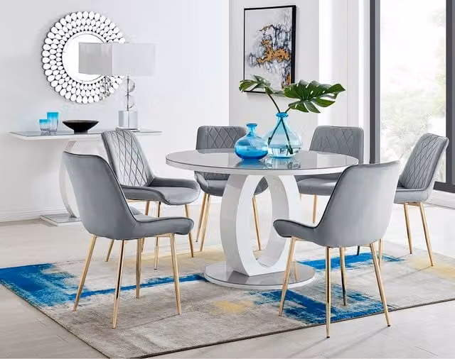 FurnitureboxUK Giovani Round Grey Glass Dining Table with 4 Pesaro Gold Leg Chairs, Diameter: 120 cm