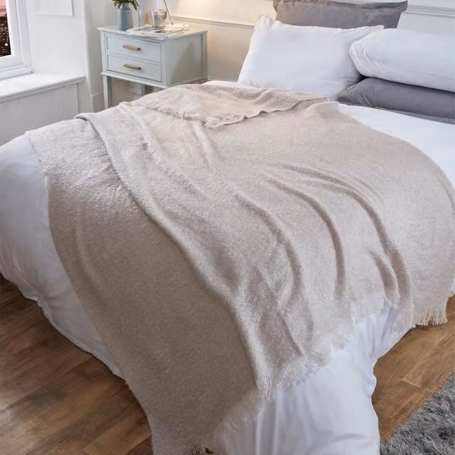 Highams Luxury Faux Mohair Throw Blanket with Fringes in Silver