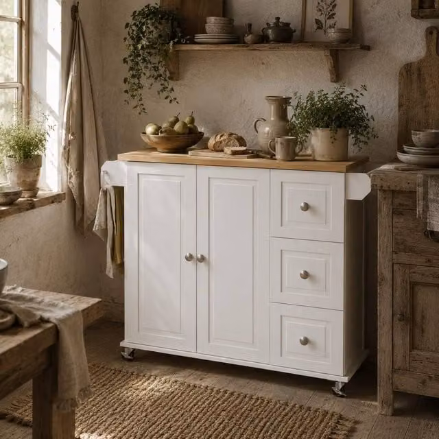 Wyld Haus White Rolling Kitchen Island with Drop Leaf and Drawers, Rubberwood, W/D/H: 91.5 x 64 x 115 cm – 1