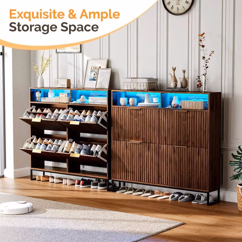 EONLION Mid-Century Modern Walnut Shoe Cabinet with 4 Tilting Compartments and Integrated Lighting, Width: 100 cm – 3