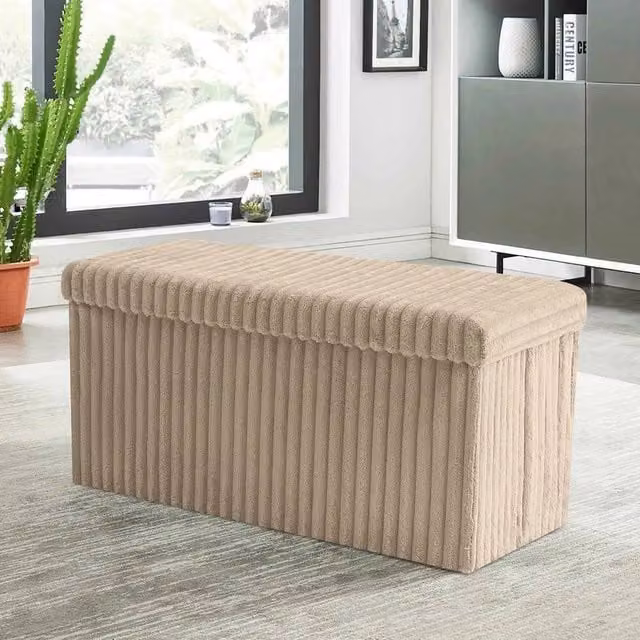 VOGREX Mink L Ribbed Storage Box Ottoman in Light Beige