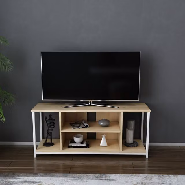 Decorotika Rinaldo Modern TV Unit in White and Brown with Media Compartments, W/D/H: 120 x 51 x 51 cm