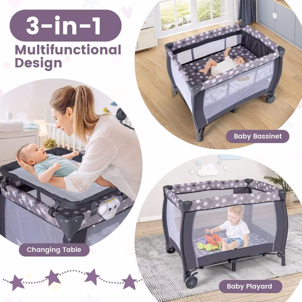 Costway 3 in 1 Foldable Baby Activity Center Playpen with Diaper Changing Table, Grey – 2
