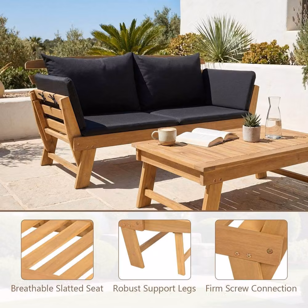 Costway Convertible Outdoor Daybed and Patio Sofa Bed with Adjustable Armrests in Black Acacia Wood – 6