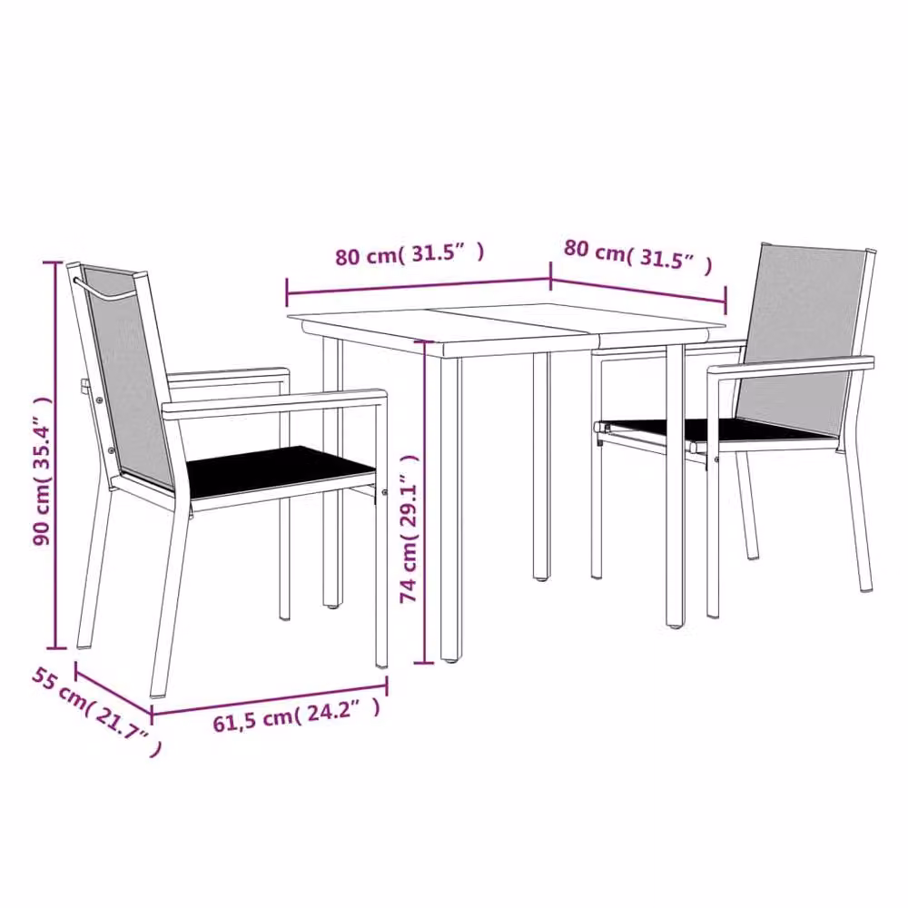 Berkfield Home Beautiful 3 Piece Garden Dining Set in Black Textilene and Steel – 3