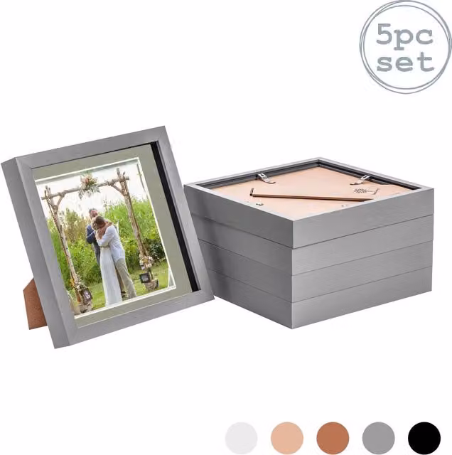 Nicola Spring Pack of 5 Grey 3D Box Photo Frames with 6x6 inch Mounts, W/H: 20.32 x 20.32 cm