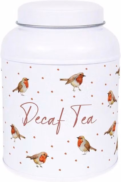 Purely Home English Robins Decaf Canister White Metal Kitchen Storage Tin with Small Dome Lid