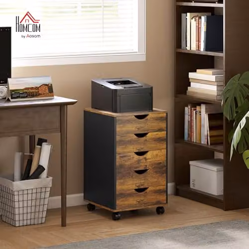 HOMCOM Rolling Vertical Filing Cabinet with Castors in Rustic Brown – 2