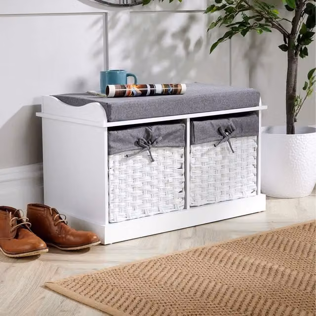 Home Source Malibu 2 Drawer Storage Bench in White with Rattan and MDF Details