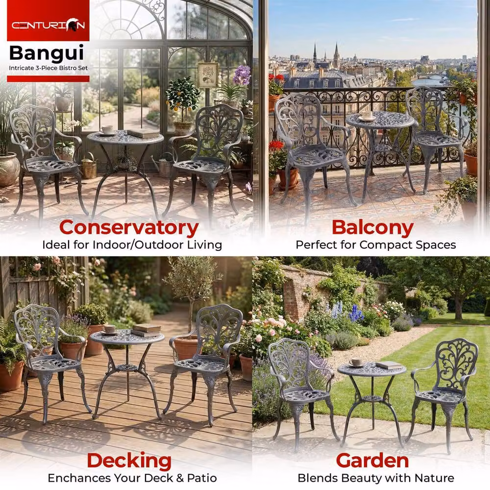 Centurion Supports BANGUI 3 Piece Cast Aluminium Garden Bistro Set in Grey with Table and 2 Chairs – 3
