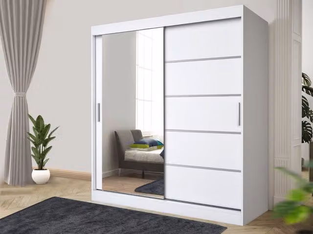 RAC3 Modern White Sliding Door Wardrobe with Mirror and Integrated Drawers, Width: 120 cm