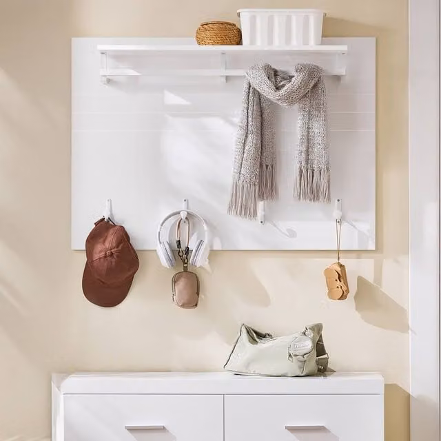 SoBuy Minimalist Wall-Mounted Coat Rack with Shelf and 4 Hooks in Glossy White