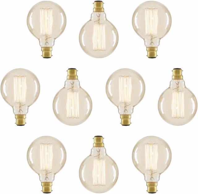 Litecraft 10 Pack of 40W Warm White Vintage Filament Globe Bulbs, B22, Transparent Glass, Dimmable