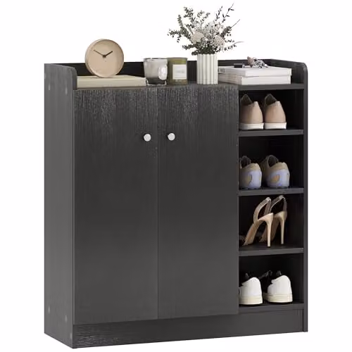 HOMCOM Black Shoe Storage Cabinet with Hinged Doors and Adjustable Internal Shelves – 1