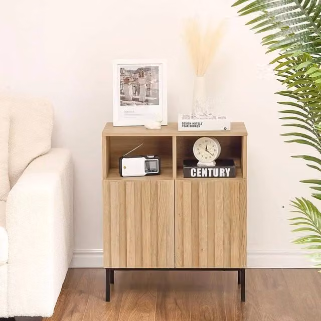 Havendro Brown Sideboard Buffet Cabinet with Door and Shelf, Modern Geometric Wood and Metal Storage Accent Table – 1