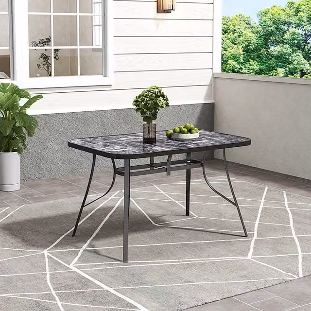 Breeins Modern Black Marble Effect Rectangular Garden Table with Glossy Tempered Glass, W: 120 cm, H: 72.5 cm