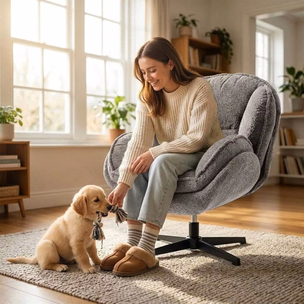 FORGEVIO Grey Velvet Swivel Accent Chair with Armrests and Metal Frame – 5