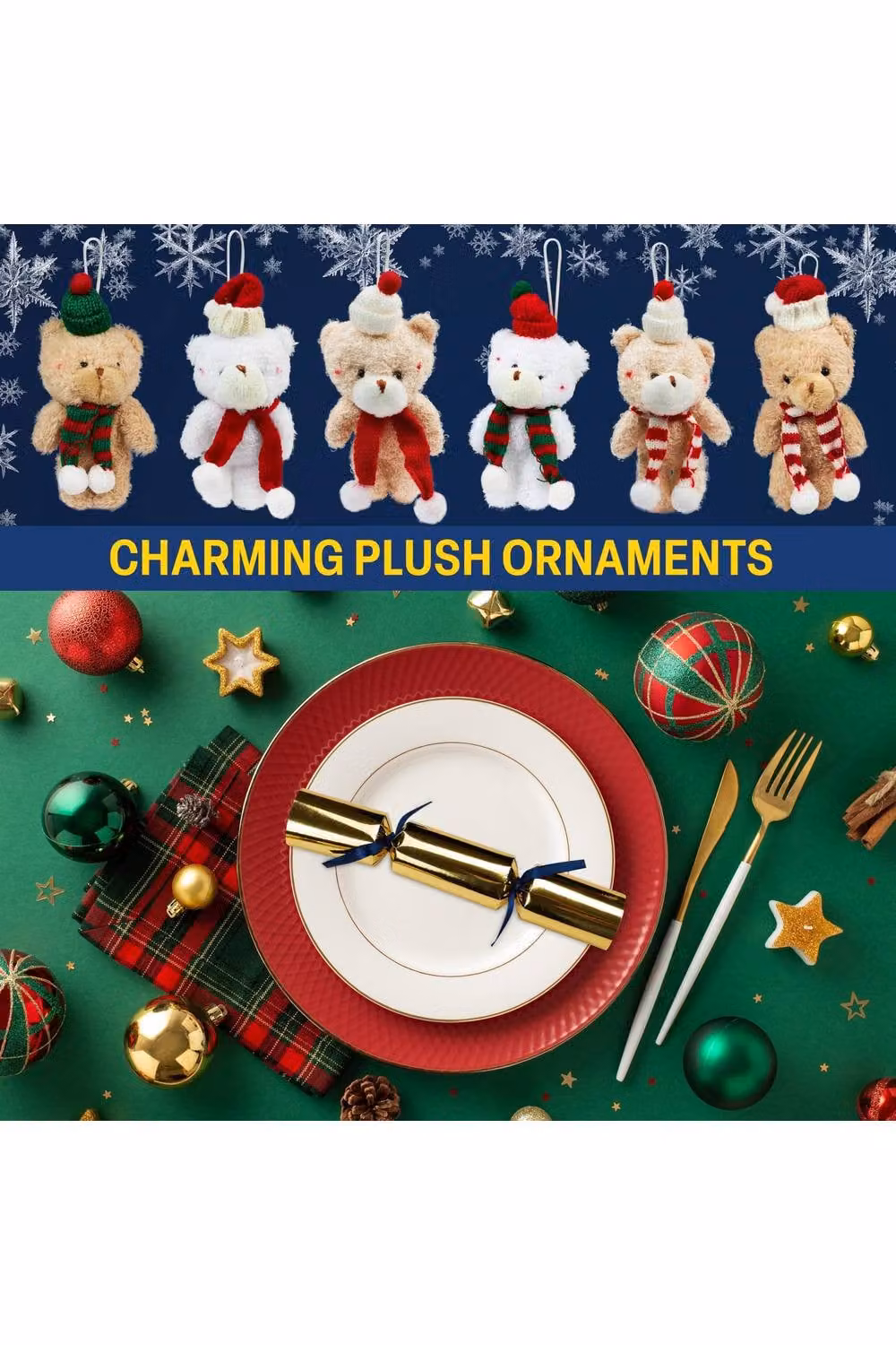 KreativeKraft Set of 6 Luxury Gold Plush Animal Christmas Crackers and Hanging Tree Ornaments – 4