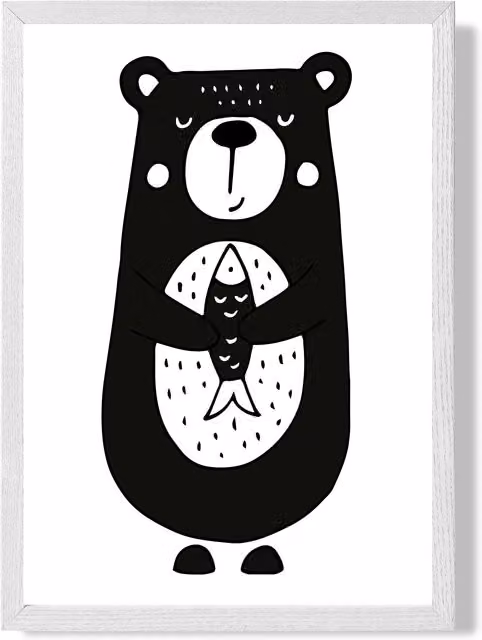 ARTZE Scandi Black Bear Animal Framed Print in White, A2 – 1