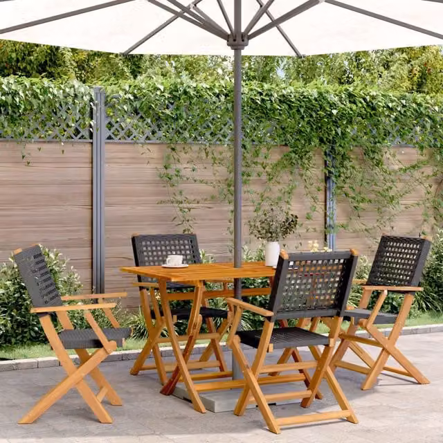 Berkfield Home Set of 4 Folding Garden Chairs in Black Poly Rattan and Acacia Wood – 1