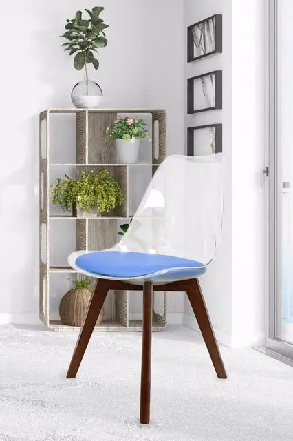 Fusion Living Soho Blue Transparent Plastic Dining Chair with Dark Wood Legs