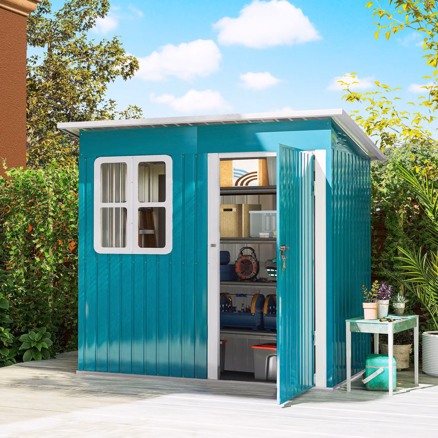 Outsunny Green Outdoor Storage Shed with Galvanised Steel Frame, Window, Lockable Door and Air Vents, W/D/H: 213.38 x 121.92 x 182.88 cm – 3