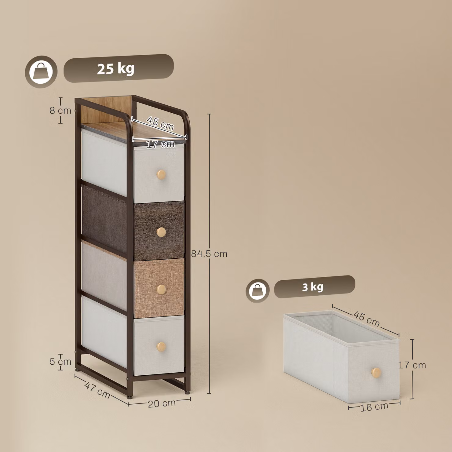 HOMCOM 4-Drawer Storage Organiser Unit with Steel Frame in Mixed-Brown and Multicolour – 3