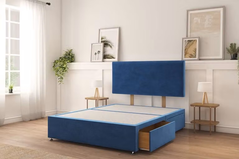 Sloomy Ashford Plush Divan Bed Set with 4 Drawers and 26 inch Strutted Headboard in Navy Blue Velvet, W/D/H: 140 x 200 cm