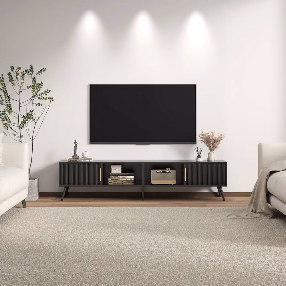 KEEPREAPER Modern Fluted TV Stand in Black with Storage for TVs up to 75 Inch – 2