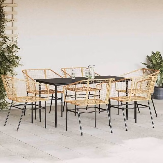 Berkfield Home Beautiful 7 Piece Brown Poly Rattan Garden Dining Set with Glass Top