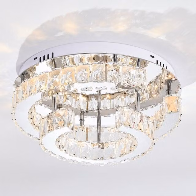 Living Star Modern Crystal Round Adjustable LED Ceiling Light with Remote Control in Chrome and Transparent