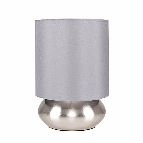 ValueLights Pair of Modern Dimmable Touch Table Lamps with Chrome Metal Bases and Grey Fabric Shades