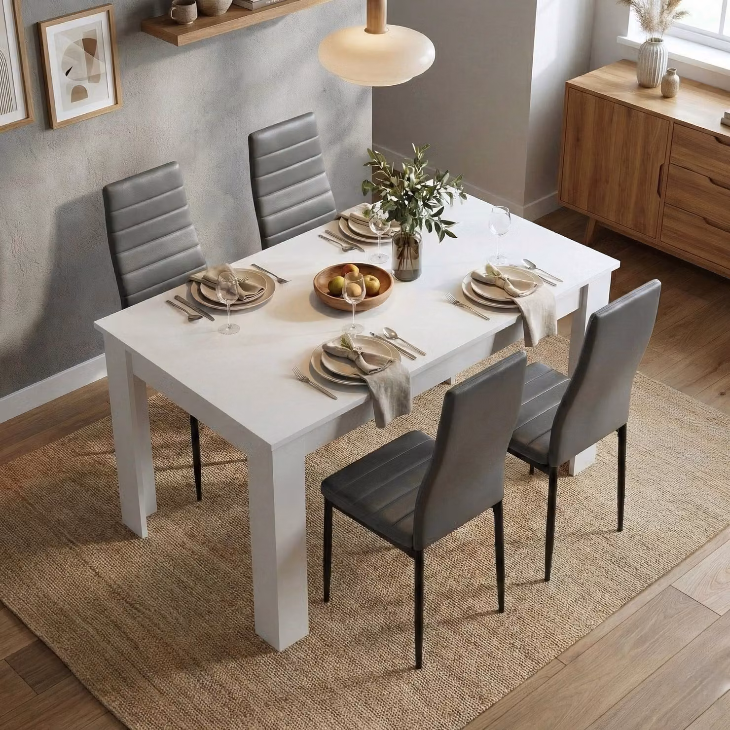 DHS Modern Rectangular Dining Table and 4 Chairs Set in White, Grey or Black, H: 75 cm, W: 80 cm, D: 80 cm