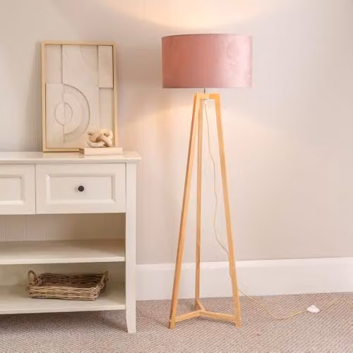 ValueLights Natural Wood Tripod Floor Lamp with Blush Pink Velvet Drum Lampshade and Included LED Bulb – 2