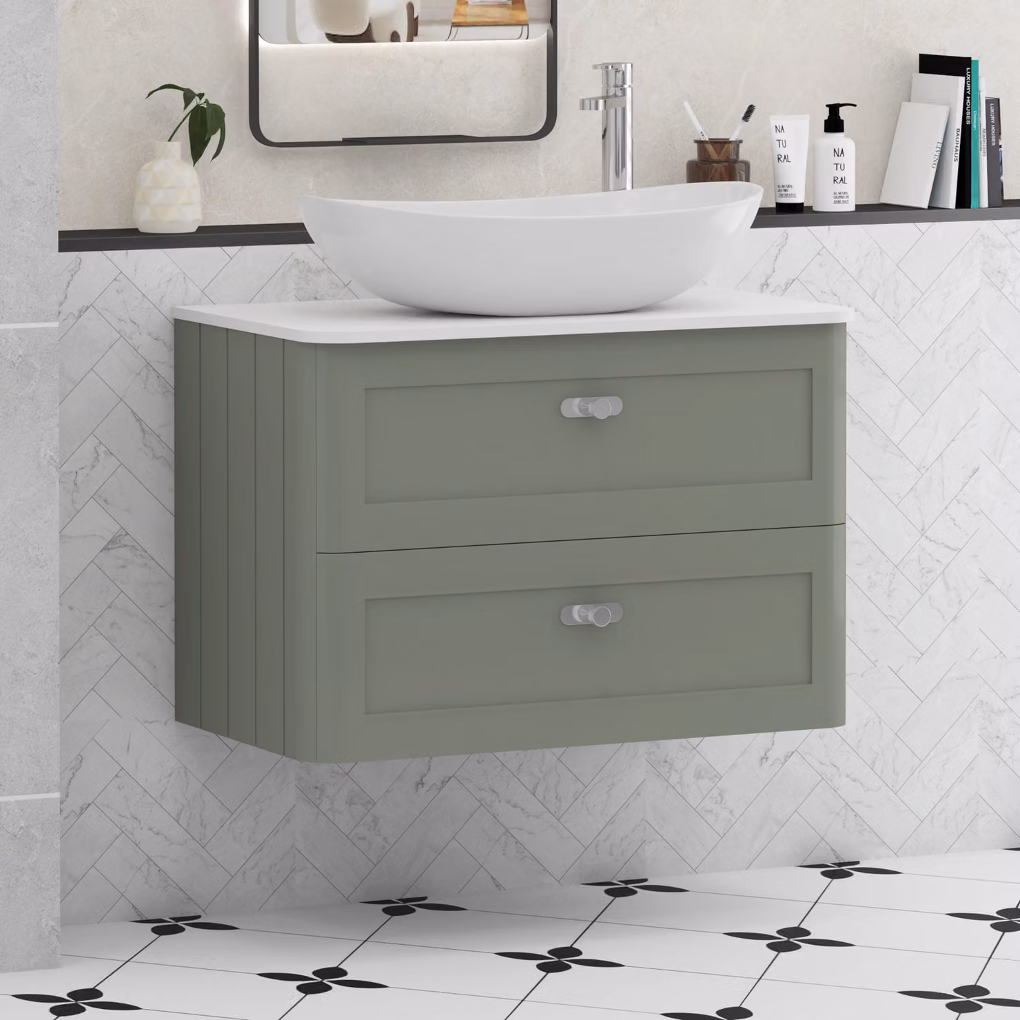 Royal Bathrooms Henley 800mm Sage Green Wall Hung Vanity Unit with 2 Drawers, Plain White Worktop, Cesar Basin and Chrome Knob