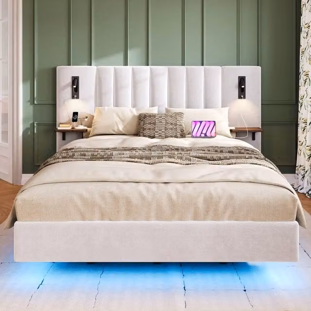 ModernLuxe White Upholstered Double Bed with LED Under-Bed Lighting, USB Charging Port and Storage Headboard W/D/H: 140 x 190 x 103 cm – 1