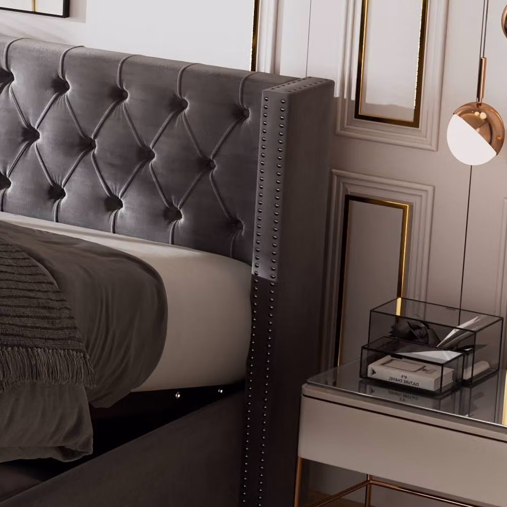 BTM Grey Velvet Upholstered Bed with Hydraulic Storage W: 150 cm, L: 200 cm – 5