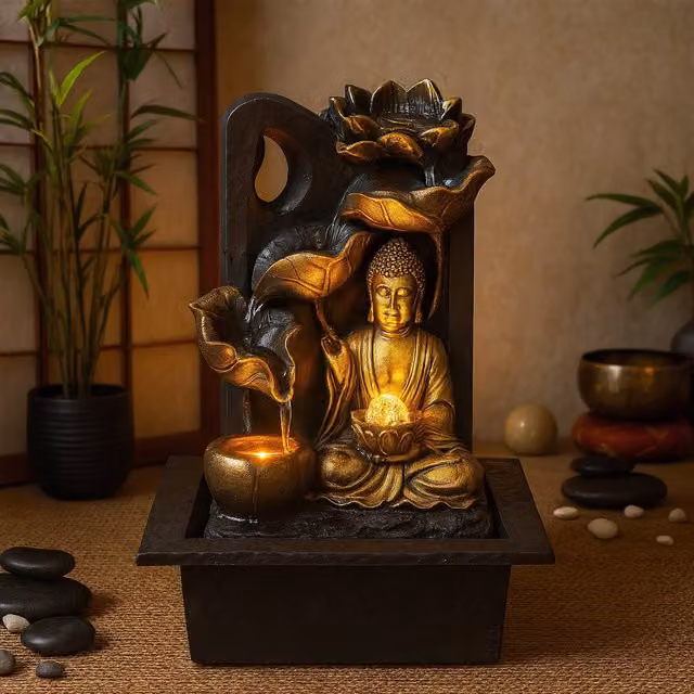 GEEZY Gold Buddha Statue Tabletop Water Fountain with Multicolour LED Lights