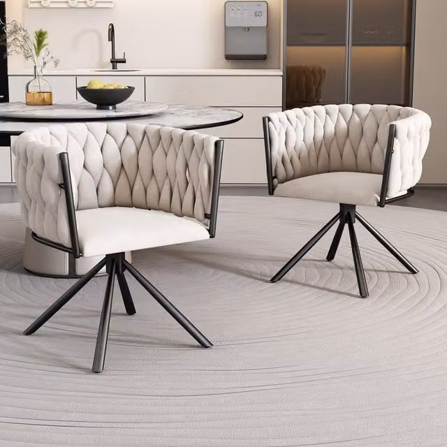 Home Touch Interior Set of 2 Modern Beige Velvet Swivel Dining Chairs with Metal Legs