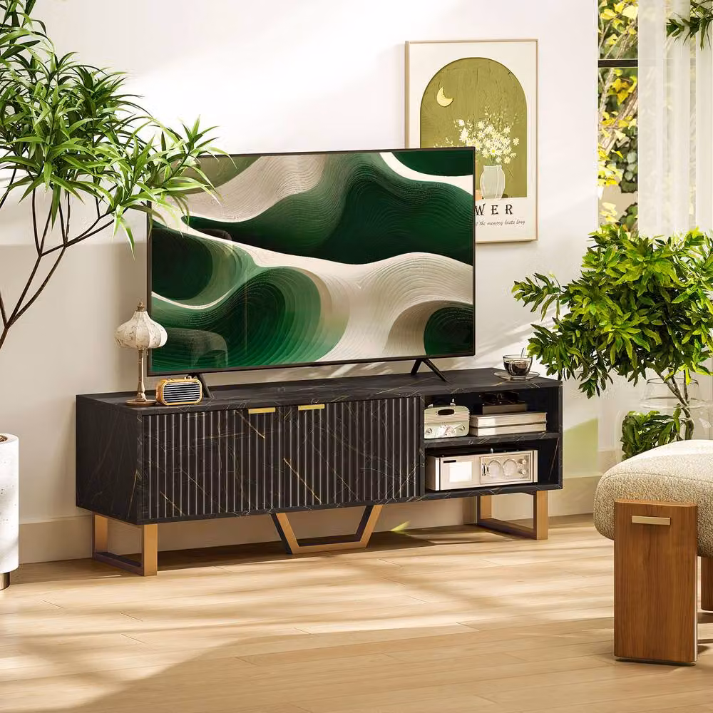 STILVORA Modern TV Stand with 2 Doors and Shelves in Matt Black and Gold Metal – 3
