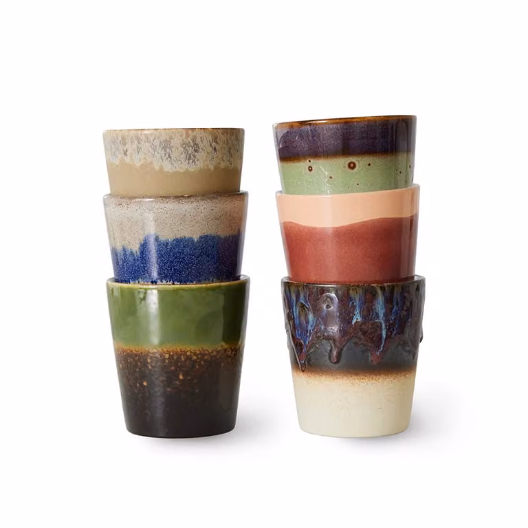 HKLIVING Grounding 70s Ceramic Stoneware Coffee Mug Set of 6, Multicolour